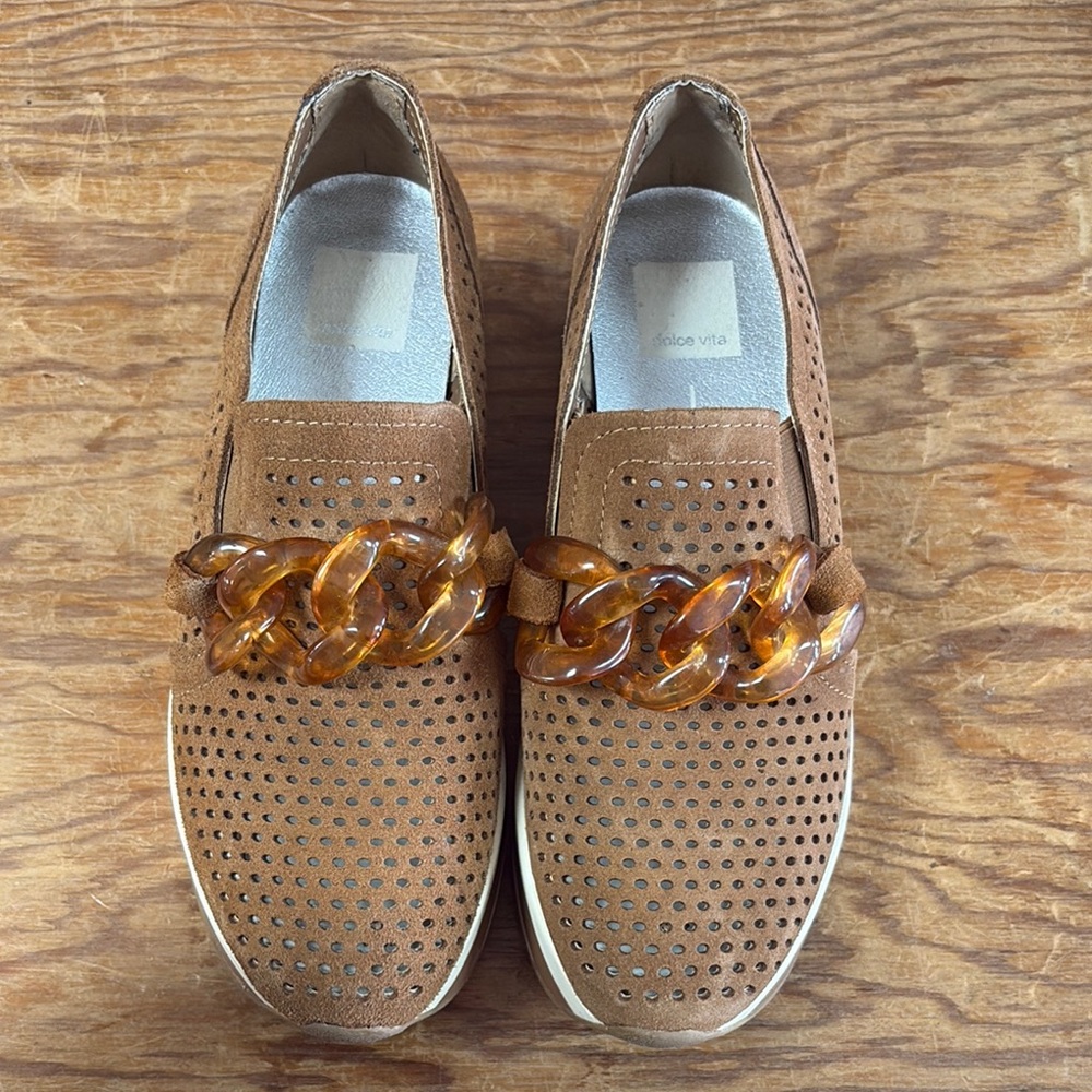 Dolce vita Brown Perforated Slip-On Shoes with Chain Detail